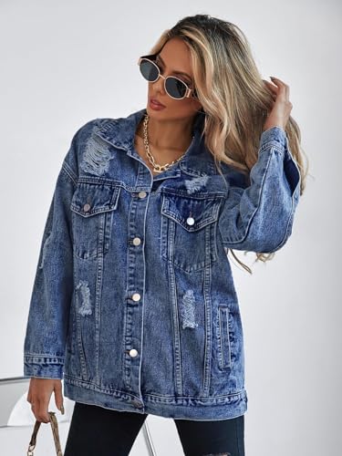 LifeShe Women's oversized Jean Jacket distressed denim Coat with Pockets - color: Deep Blue, size: X-Large