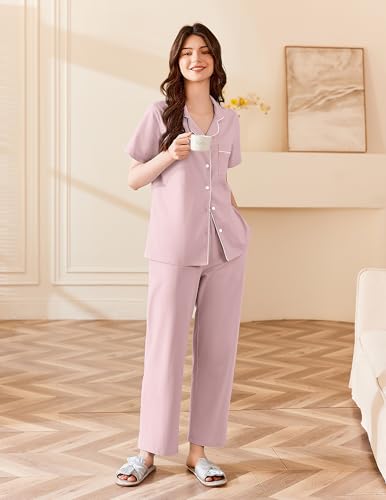Ekouaer Women's Cotton Pajamas Set Short Sleeve Button Down Pjs with Pants - color: Pink, size: X-Large