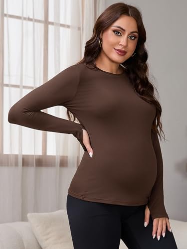 Women Maternity Stretchy Fitted Crew Neck Long Workout Tops - color: Brown, size: Medium