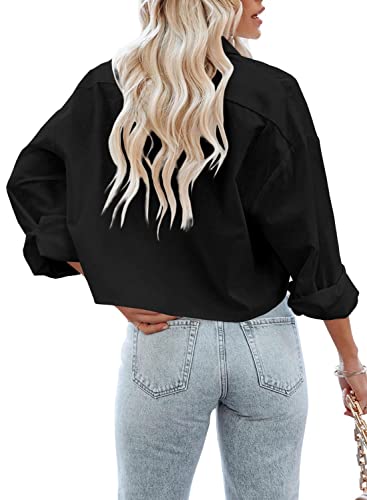 LAYOGAS Womens Crop Button Down Shirts Casual Long Sleeve Lapel Blouse - color: 02-black, size: Medium