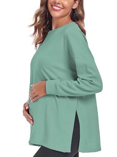 Ecavus Women's Maternity Shirts Long Sleeve Side Split Pregnancy Top - color: Green, size: X-Large