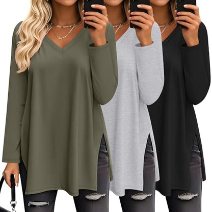 Huukeay 3 Pack Women's Oversized Long Sleeve V Neck Shirts - color: Black, Gray, Army Green, size: X-Large