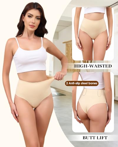 LEVAO 4-Pack Women Tummy Control Thong High Waist Seamless Underwear S-XXL - color: Black*2,nude*2, size: XX-Large