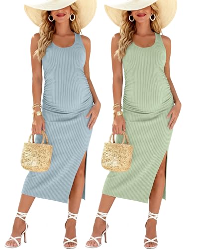2 Pack Womens Split Long Maternity Dress - color: Dusty Blue, Light Green, size: Small