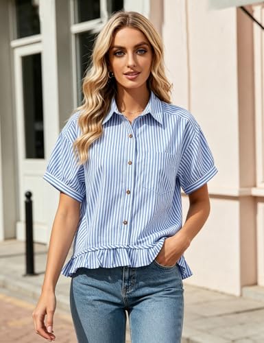 Flygo Womens Cropped Striped Button Down Shirts Ruffle Peplum Tops - color: Blue, size: X-Large
