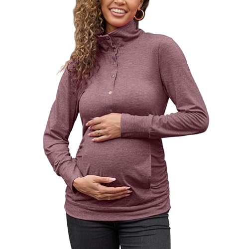 Bhome Maternity Shirt Casual Long Sleeve Half Button Front Lightweight Sweatshirts Slim Fit Pullover Tops with Pockets - color: Burgundy, size: Medium