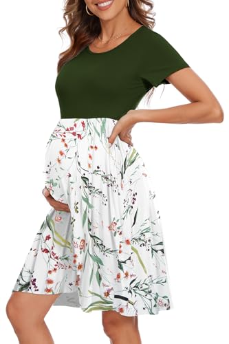 Women's Short Sleeve Maternity Dress Patchwork Pregnancy Clothes with Pockets - color: Army Green-leaf White, size: Small