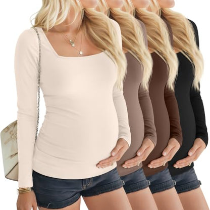 4 Pcs Womens Maternity Long Sleeve Square Neck Shirts - color: Beige, Coffee, Brown, Black, size: X-Large