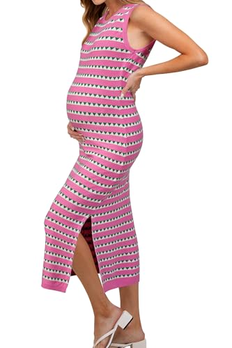 OUGES Women's Sleeveless Striped Bodycon Sweater Maternity Midi Dress - color: Hot Pink White Striped, size: XX-Large