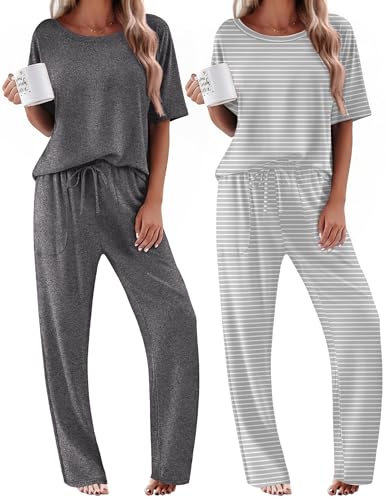 Ekouaer 2 Pack Womens Pajamas Sets Short Sleeve Long Pants Pjs Lounge Set - color: Dark Grey/Grey Striped, size: XX-Large