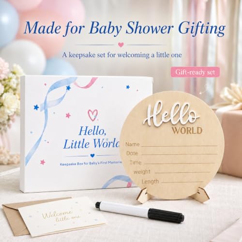 Hello World Baby Announcement Sign Newborn Welcome Plaque Box Set - color: White,Box