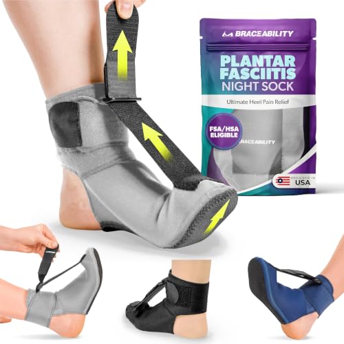 BraceAbility Plantar Fasciitis Night Splint Sock - Plantar Fascia Boot for Sleeping, Achilles Tendonitis Relief, Foot Drop, Heel Pain - Planter Facetious Brace for Women and Men - Gray (M) - color: Gray, size: Medium