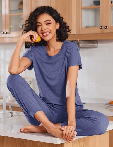 Ekouaer 2 Pack Womens Pajama Short Sleeve Jogger Pants Pjs Lounge Set - color: Black and Navy Bule, size: Medium