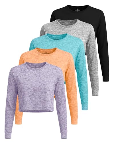 5 Pack Women's Dry Fit Long Sleeve Crop Tops Workout Athletic Crew Neck Tee - color: Set 2, size: Small