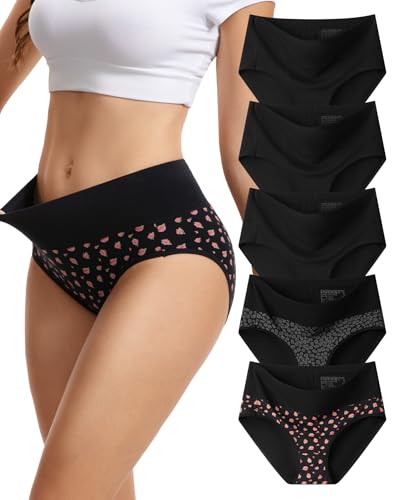 INNERSY Women's Underwear Cotton Hi-Waist Briefs 5-Pack - color: Black Rose, size: Large