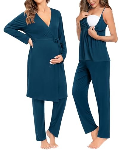 SWOMOG Maternity Nursing Robe Set 3 Piece Breastfeeding Pajamas 3 in 1 Labor Delivery Sleevless Tops&Long Pants Pregnancy Pjs - color: Blue Green, size: Large
