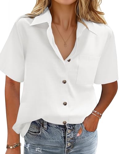 HOTOUCH Women Cotton Button Down Shirts Short Sleeve Linen Blouses Tops - color: A01-white, size: Small