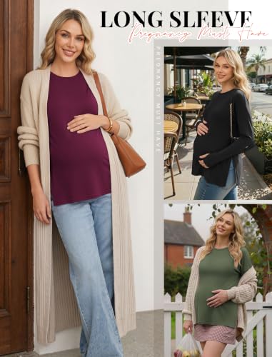 3 Pack Women Maternity Shirts Long Sleeve Pregnancy Tops with Thumb Hole - color: Black/Dark Red/Army Green, size: Medium