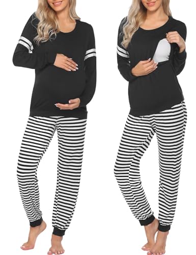 Maternity Pajamas Set Nursing Breastfeeding Postpartum Pregnancy Pjs - color: Black, size: Small