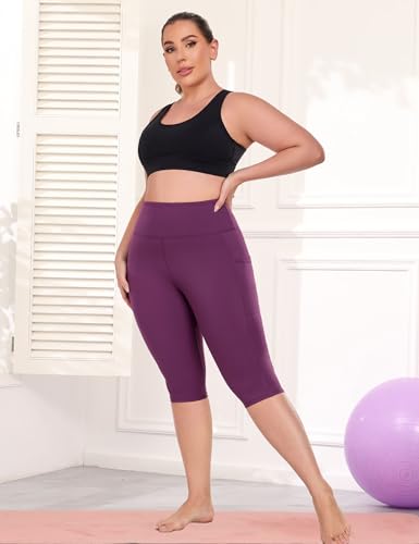 16" Womens Plus Size Capri Yoga Pants with Pockets 16" Knee Length - color: Purple, size: XX-Large Plus
