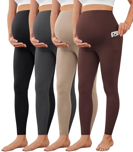 VALANDY Creamlush 2/4 Pack Maternity Leggings with Pockets Over the Belly - color: 4pack - Black/Dark Grey/Khaki/Brown, size: Medium