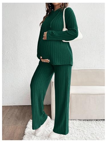 MakeMeChic Women's Maternity 2 Piece Sets Ribbed Knit Hoodie Pants Outfits - color: Dark Green Solid, size: Medium