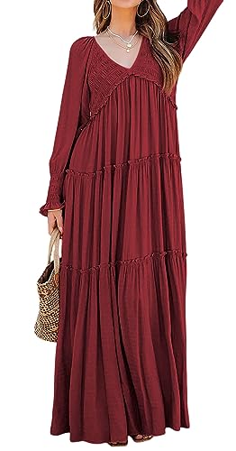 R.Vivimos Long Sleeve V Neck Flowy Maxi Dresses for Women - color: Burgundy, size: Medium
