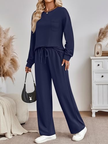 AUTOMET Womens Sweatsuits 2 Piece Lounge Matching Sweat Sets Fall Outfits - color: Navy, size: Large