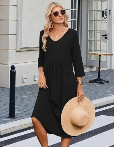 Zeagoo Summer Dresses for Women 2026 3/4 Sleeve Casual Midi Tshirt Dresses - color: 01 Solid Black, size: Large