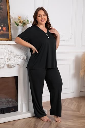 Vozanet Women's Plus Size Pajama Sets V Neck Pants Sets Solid Color Button Sleepwear Soft Loungewear Nighty with Pockets - color: Black, size: XX-Large