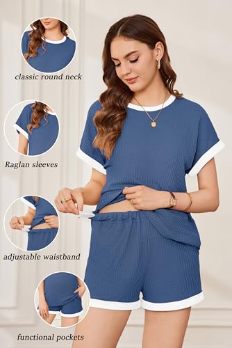 Ekouaer Maternity Pajamas 2 Piece Outfits Waffle Knit Pregnancy Sleepwear - color: Blue, size: Medium