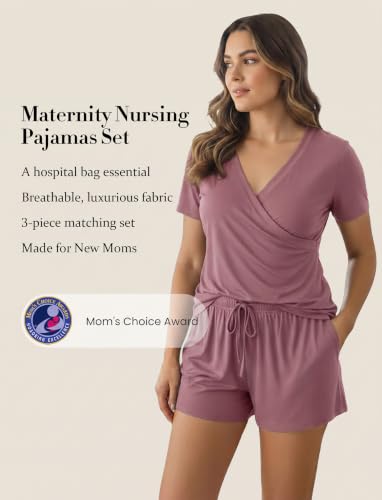 PATPAT 3-Piece Maternity Nursing Pajamas, Womens Lounge Set with Pockets - color: Rust Red, size: Large