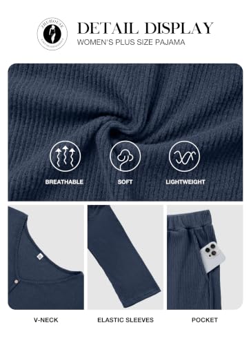 Plus Size Pajama Set for Women Long Sleeve Loose Fit Loungewear - color: Navy Blue, size: 3X-Large Plus