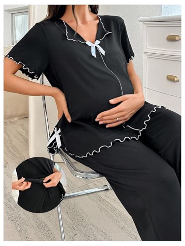 OYOANGLE Women's Maternity Pajama Set Bow Lettuce Trim Tops and Pants - size: Small