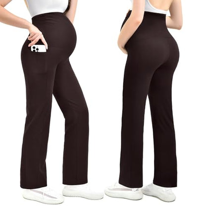Leafigure Maternity Wide Leg Pants Over Belly with Pockets - color: Brown, size: XX-Large
