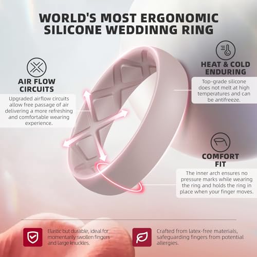 Egnaro Women's Stackable Silicone Rings, 2.5/5.5mm Wide 1.8/2mm Thick Bands - color: SETD4-Royal Black, Bright Peach, Princess White, Cream Beige, Cloudy Pink