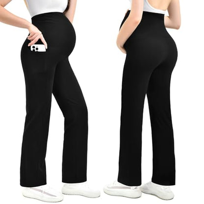 Leafigure Maternity Wide Leg Pants Over Belly with Pockets - color: Black, size: X-Large