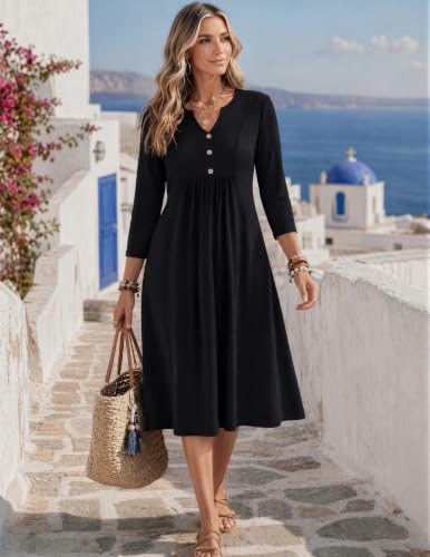 Zeagoo Womens Dresses 3/4 Sleeve Casual Fall A Line Midi Dress with Pockets - color: Black, size: Small