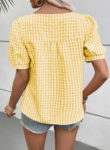 EVALESS Womens Gingham Top Short Sleeve Square Neck Shirts Cotton Blouse - color: B Yellow, size: Medium