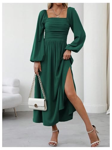 Floerns Women's Square Neck Lantern Long Sleeve Split Ruched Midi Dresses - color: Dark Green, size: Large