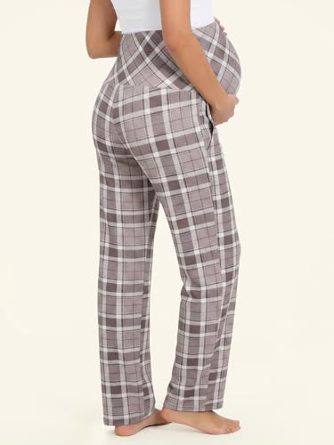 Summer Mae Viscose Maternity Pants Pregnancy Pajama Lounge Pant with Pocket - color: Grey Plaid, size: Medium
