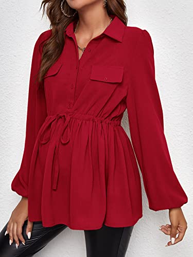 MakeMeChic Women's Maternity Blouse Long Sleeve Belted Button Down Tops - color: Burgundy, size: Large