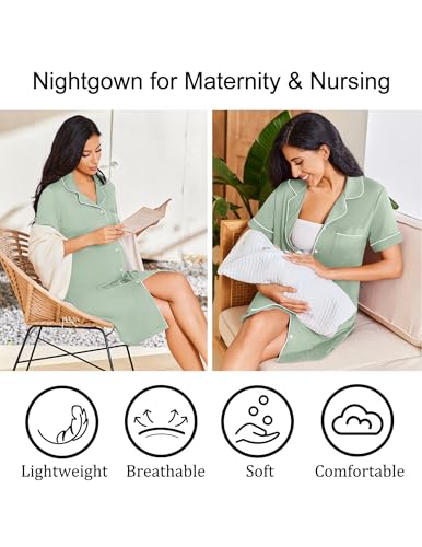 Ekouaer Nightgowns for Women Bamboo Viscose Button Down Sleepshirts - color: Light Green, size: Large