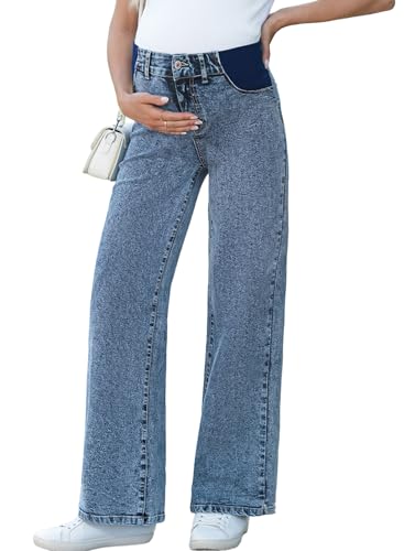 BLENCOT Maternity Jeans for Women Wide Leg Pregnancy Pants - color: Sail Blue, size: Medium