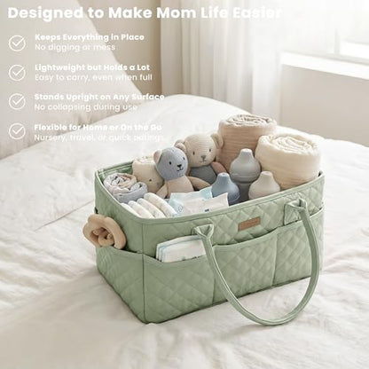 Konssy Baby Diaper Caddy Organizer, Solid Design with PU Leather Handles - color: Fog Green