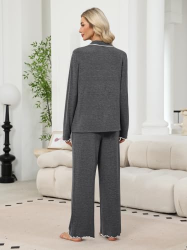 WIHOLL Women's Pajamas Sets Cute Ruffle Long Sleeve Button Up 2 Piece Pjs - color: Grey, size: Small