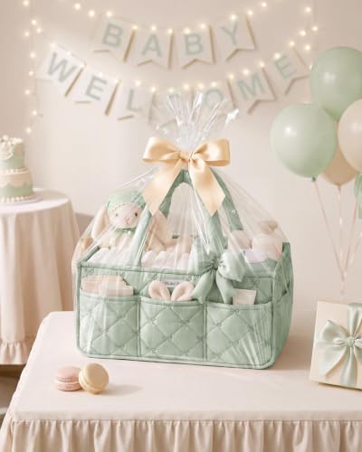 Blissful Diary Baby Diaper Caddy Organizer, Nursery Basket, Bow Sage Green - color: Bow Sage Green