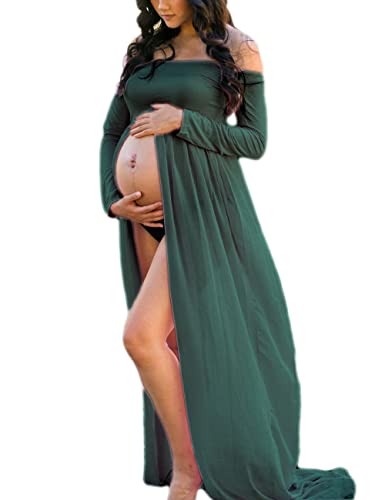 Maternity Off Shoulder Chiffon Gown Long Sleeve Front Split Maxi Photography Dress for Photoshoot - color: Dark Green, size: X-Large