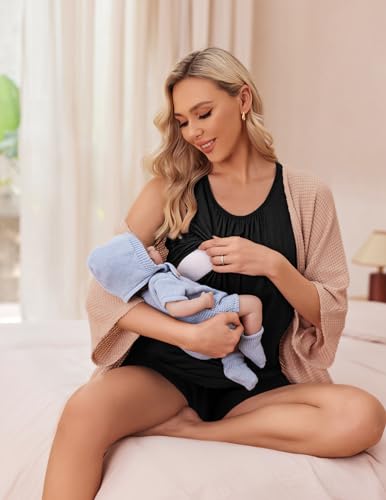 Ekouaer Nursing Pajamas Set Postpartum Tank Tops and Shorts - color: S-black, size: Large