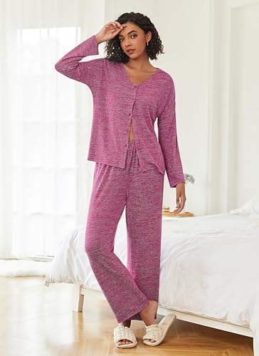 Ekouaer Womens Pajama Sets Button Up Long Sleeve Lounge Set Soft V Neck Pj - color: Rose Red, size: XX-Large